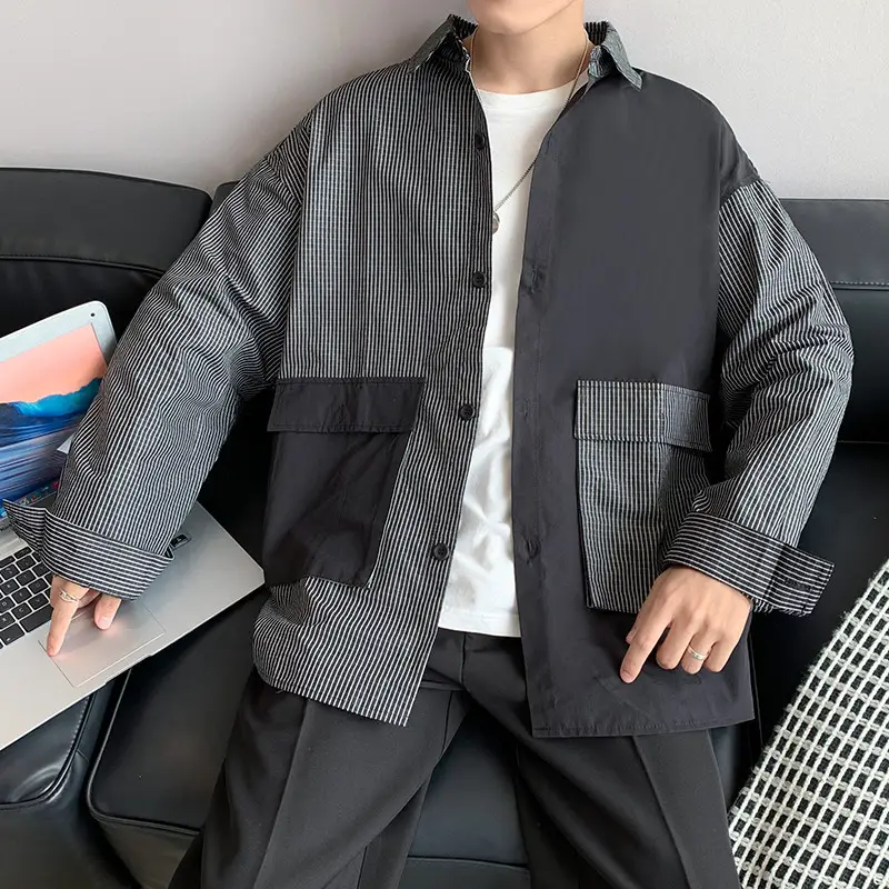 Men Korean Style Long Sleeve Shirt Coat Grey Black Striped - Image 4