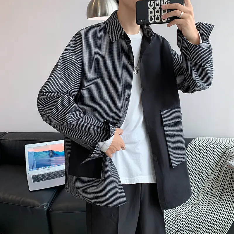 Men Korean Style Long Sleeve Shirt Coat Grey Black Striped - Image 5
