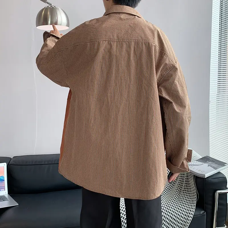 Men Korean Style Long Sleeve Shirt Coat Grey Black Striped - Image 6