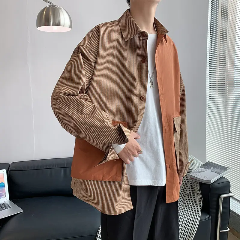 Men Korean Style Long Sleeve Shirt Coat Grey Black Striped - Image 7