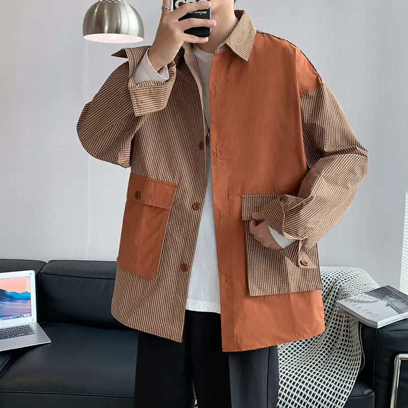 Men Korean Style Long Sleeve Shirt Coat Grey Black Striped - Image 2