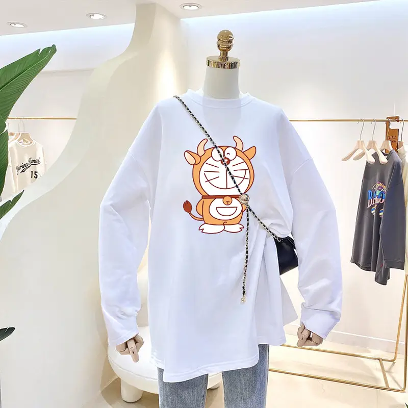 White Cartoon Long Sleeve T-Shirt for Women - Image 7