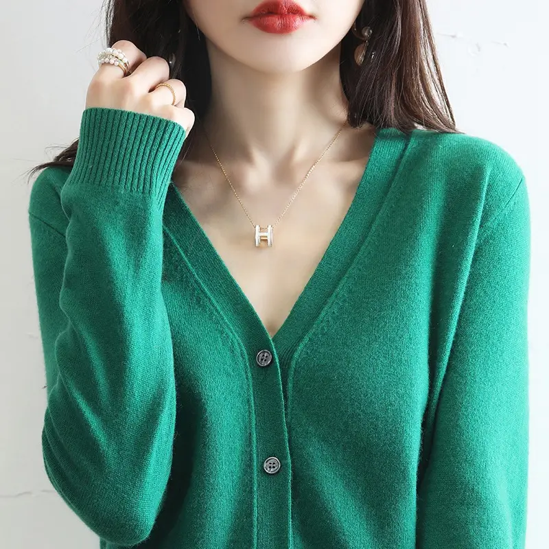 Green Knitted V-Neck Cardigan for Women - Image 18