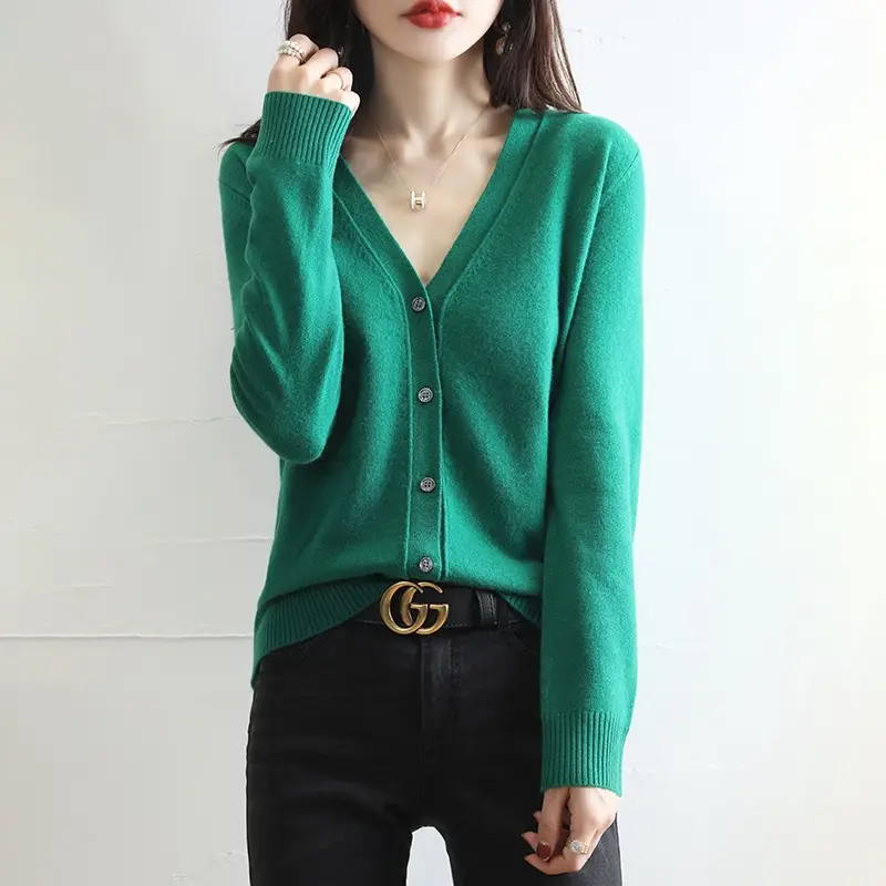 Green Knitted V-Neck Cardigan for Women - Image 11