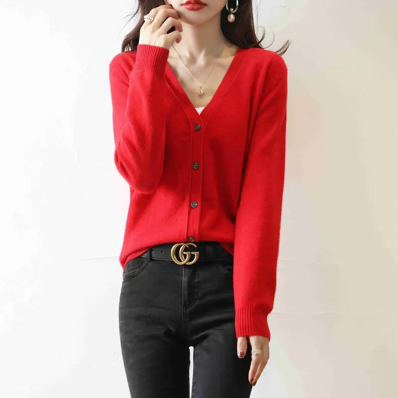 Green Knitted V-Neck Cardigan for Women - Image 12