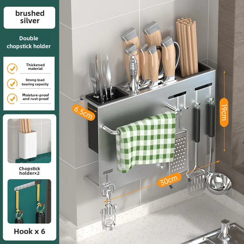 Stainless Steel Knife & Chopstick Rack Wall Mount - Image 2
