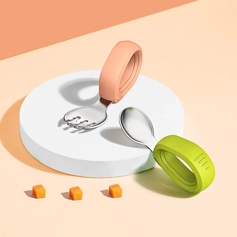 304 Stainless Steel Baby Spoon Fork with Silicone Handle