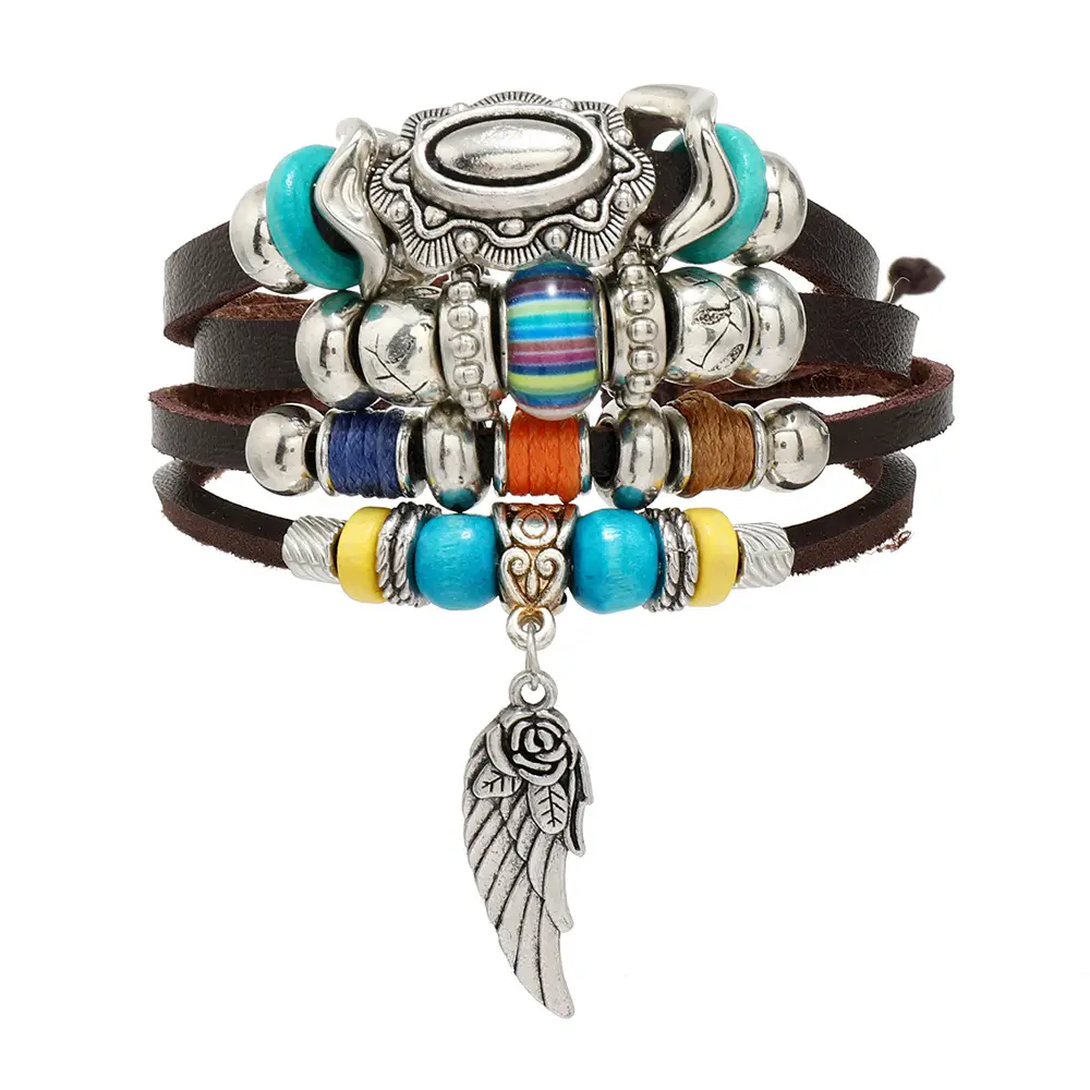 New Ethnic Multi-Beaded Feather Turquoise Glass Wings Leather Bracelet Cross-Border Hot Selling - Image 12