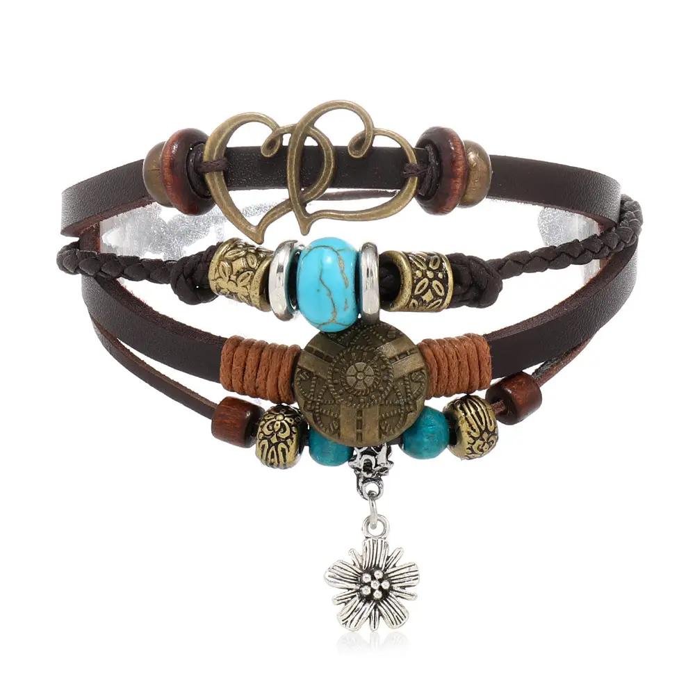 New Ethnic Multi-Beaded Feather Turquoise Glass Wings Leather Bracelet Cross-Border Hot Selling - Image 7