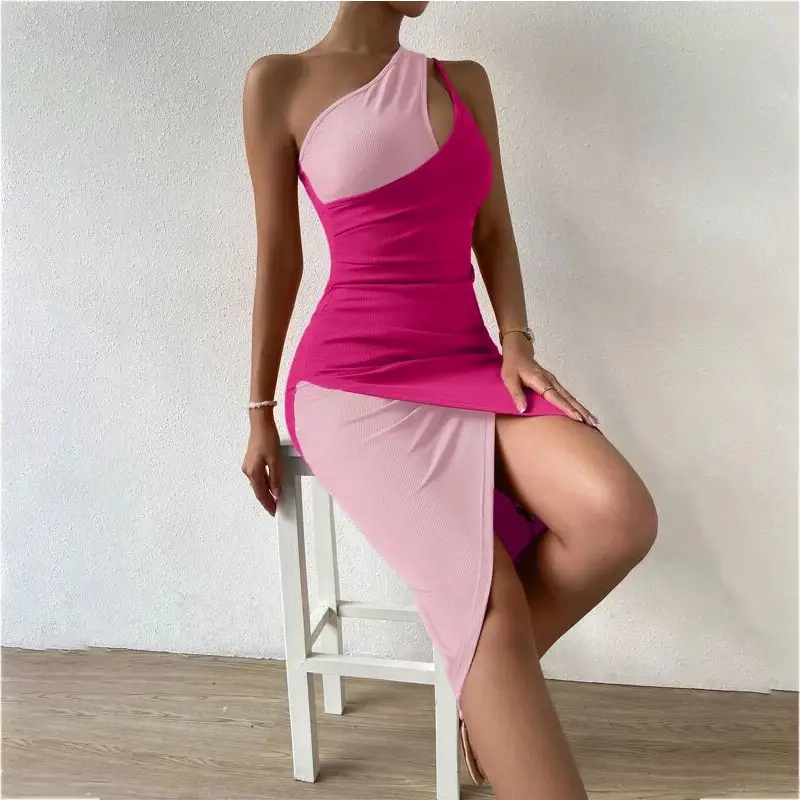 Hot Orange One-Shoulder Split Skirt Dress for Women - Image 3