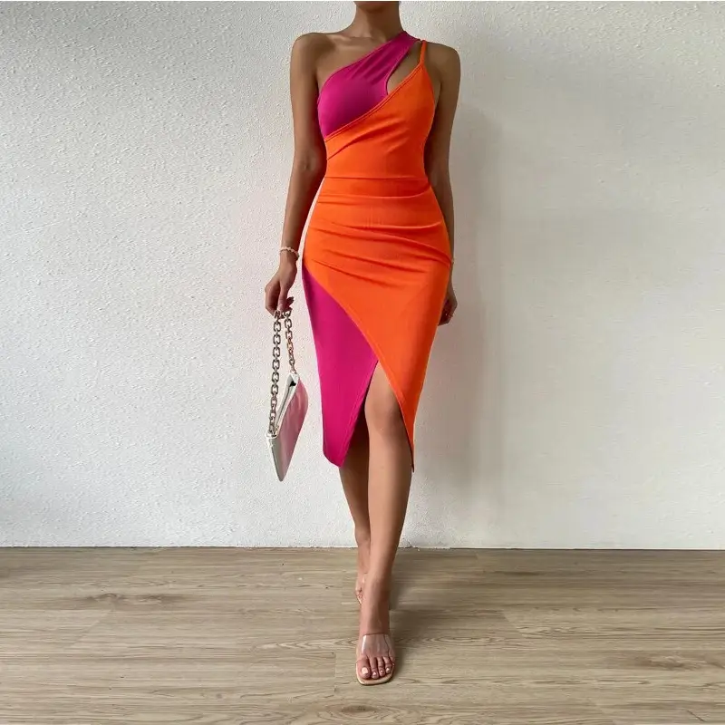 Hot Orange One-Shoulder Split Skirt Dress for Women - Image 4
