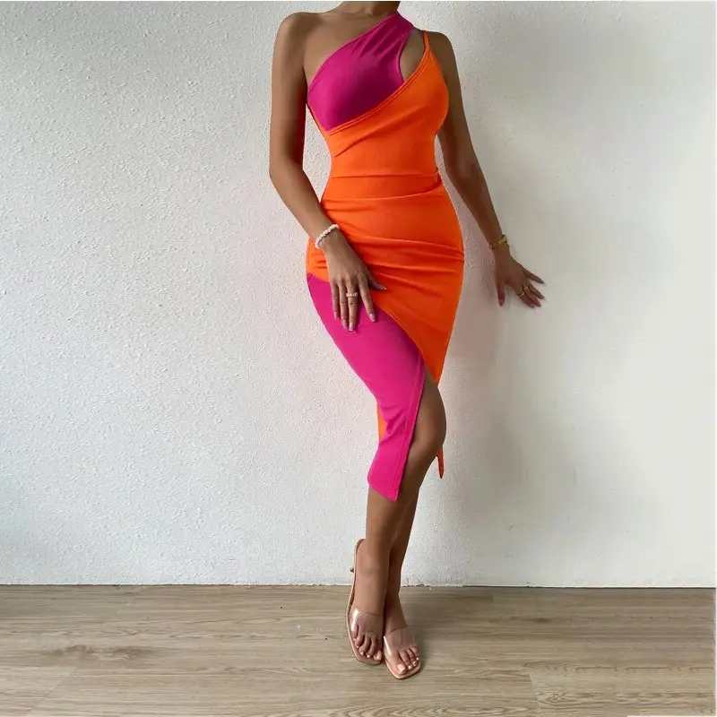 Hot Orange One-Shoulder Split Skirt Dress for Women - Image 5