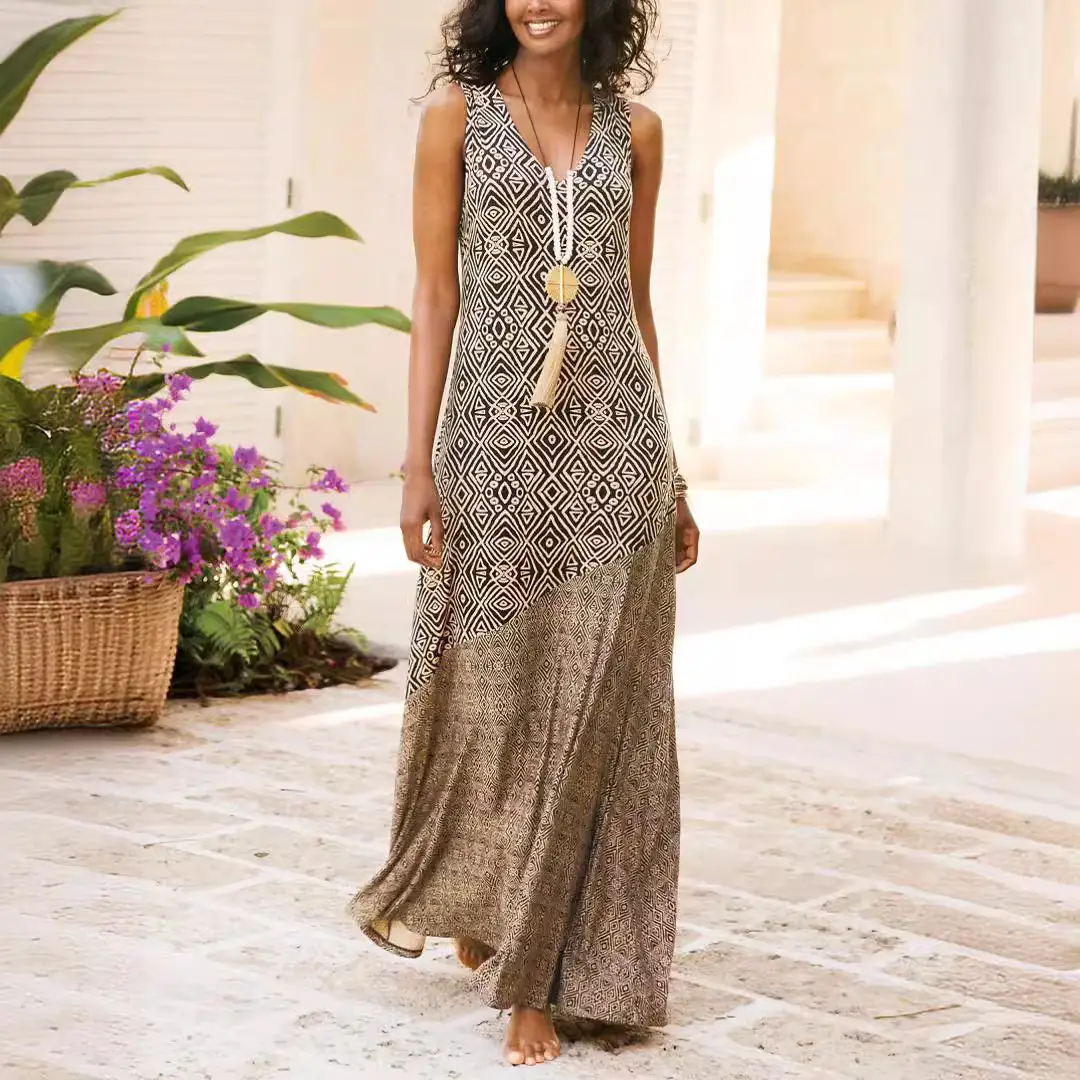 Printed V Neck Long Skirt Mid Waist Sexy Slimming - Image 4