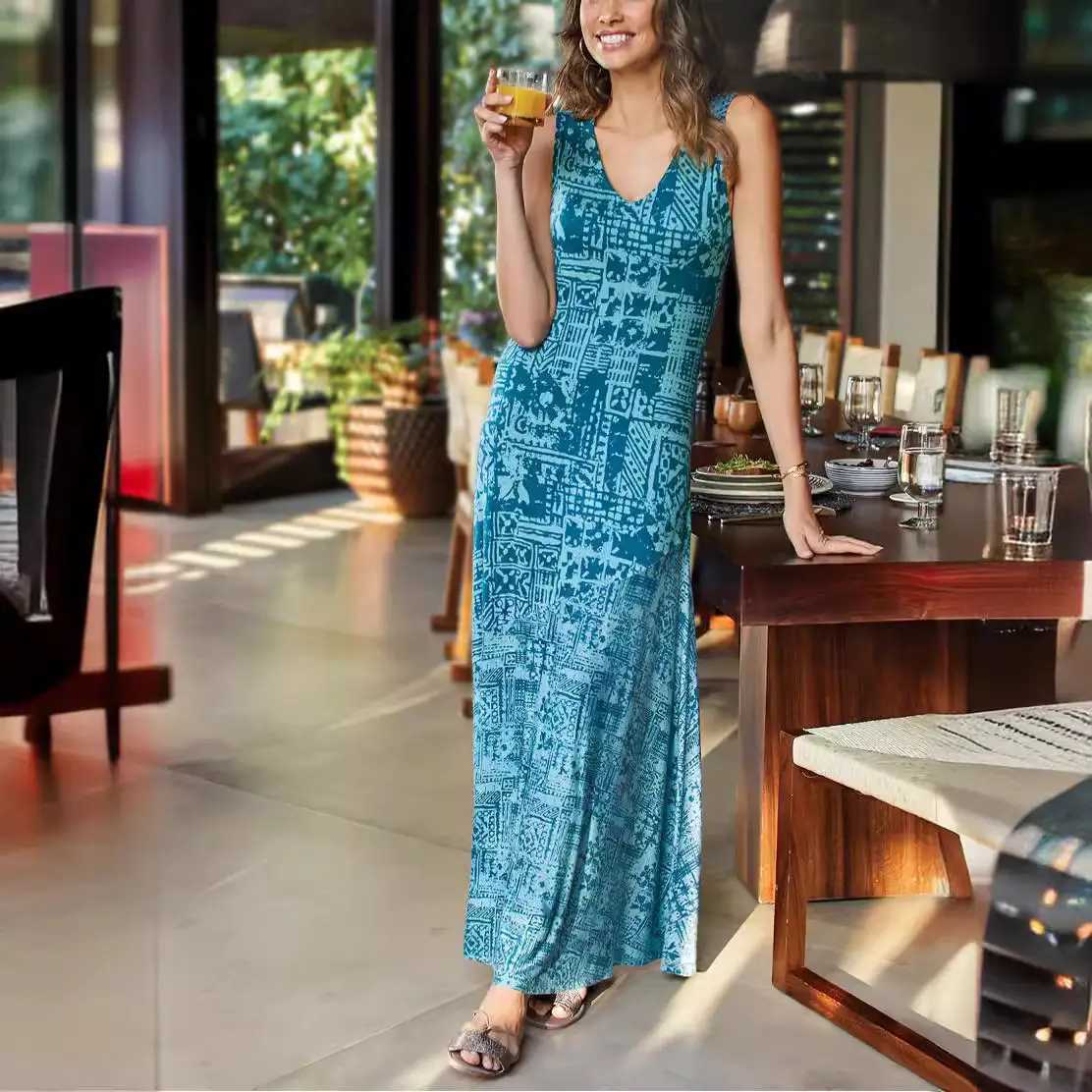 Printed V Neck Long Skirt Mid Waist Sexy Slimming - Image 6