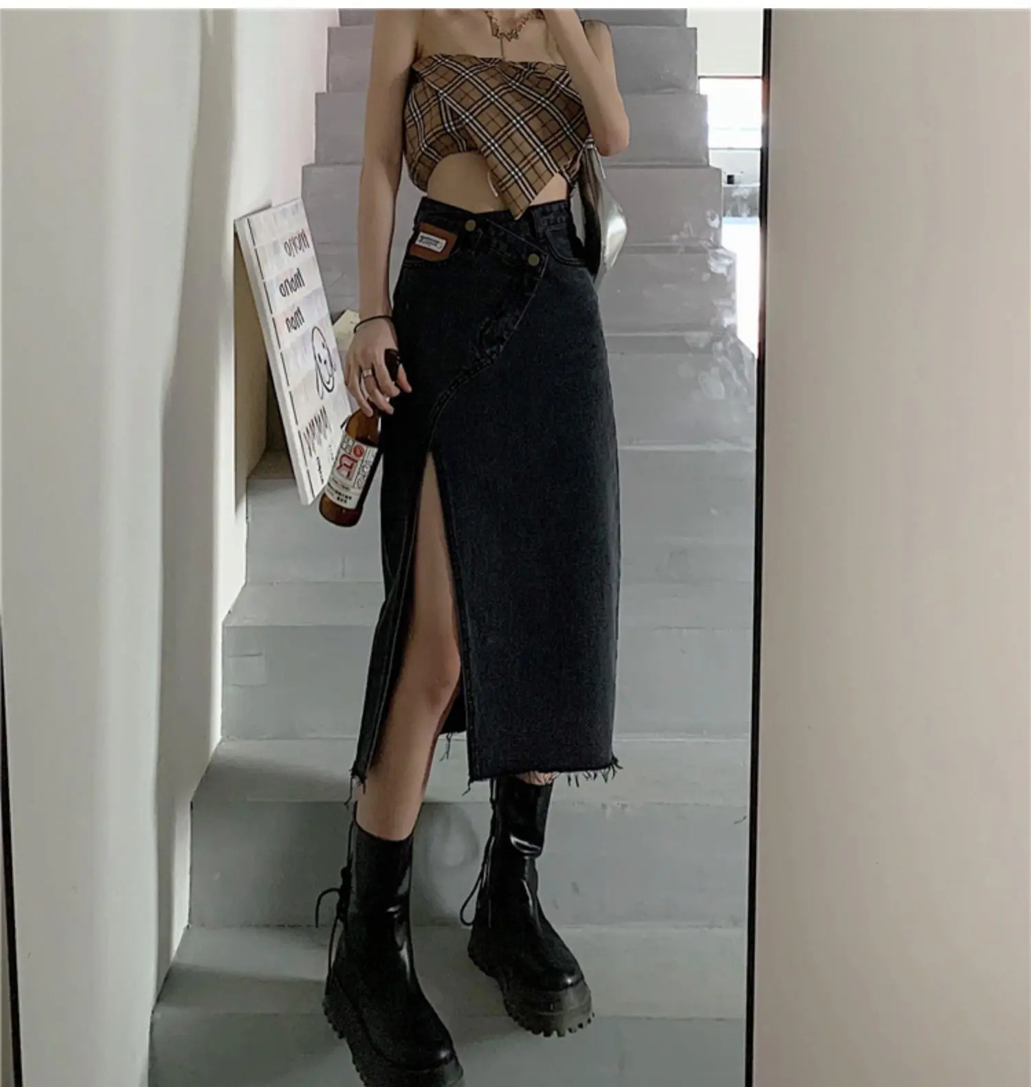 Large Size Women Denim Split Skirt High Waist Autumn — feature 10
