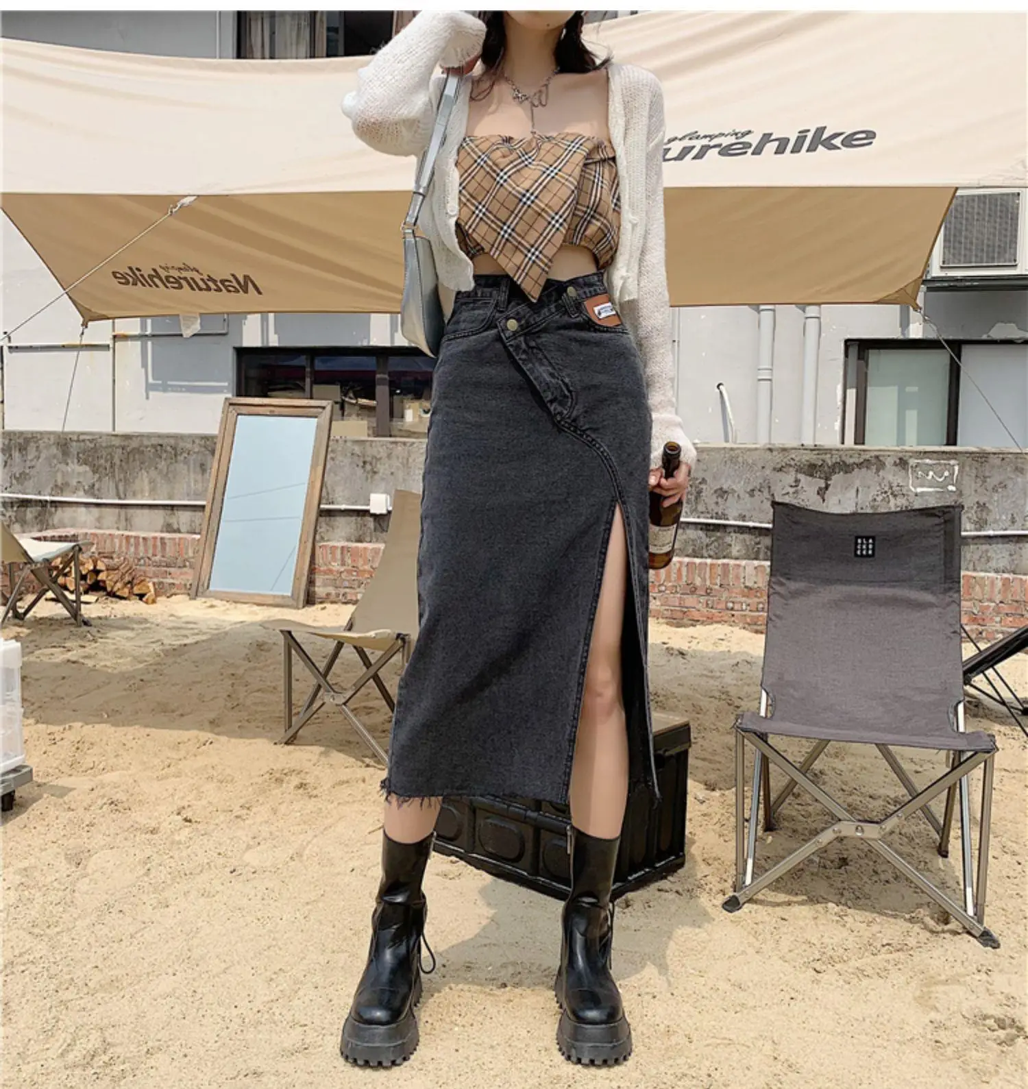 Large Size Women Denim Split Skirt High Waist Autumn — feature 6