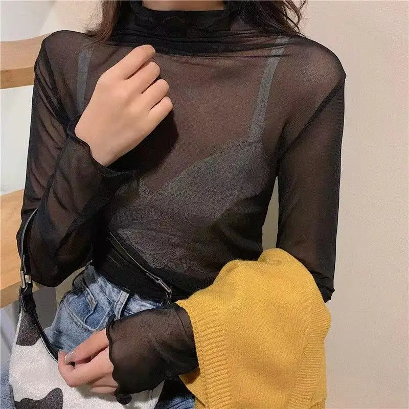 2025 Korean Chic Half Turtleneck Mesh Top for Women - Image 7