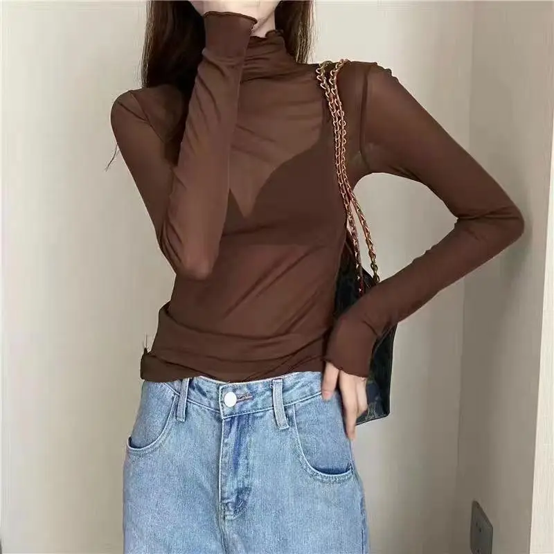 2025 Korean Chic Half Turtleneck Mesh Top for Women - Image 8