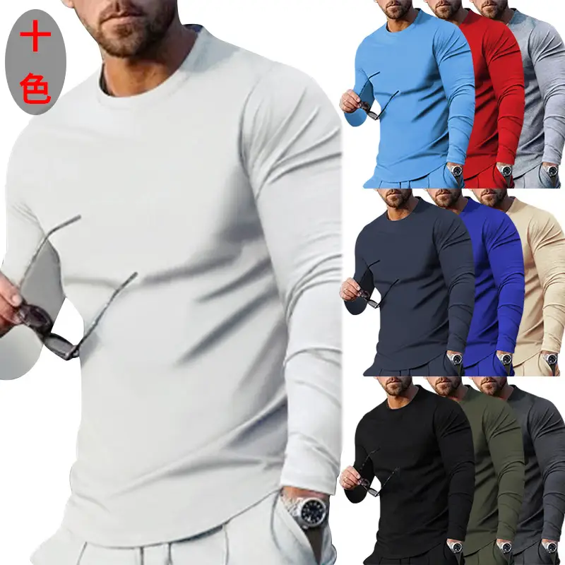 Men Long Sleeve Crewneck Solid Green T-Shirt - Image 9