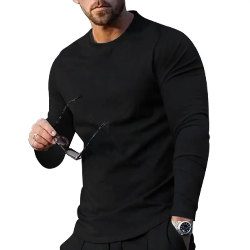 Men Long Sleeve Crewneck Solid Green T-Shirt - Image 10