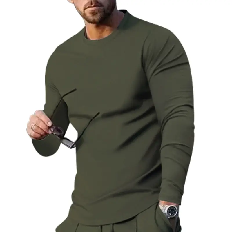 Men Long Sleeve Crewneck Solid Green T-Shirt - Image 11