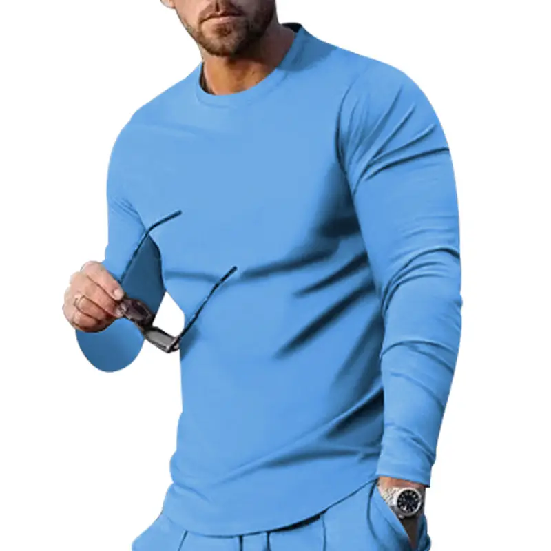 Men Long Sleeve Crewneck Solid Green T-Shirt - Image 12