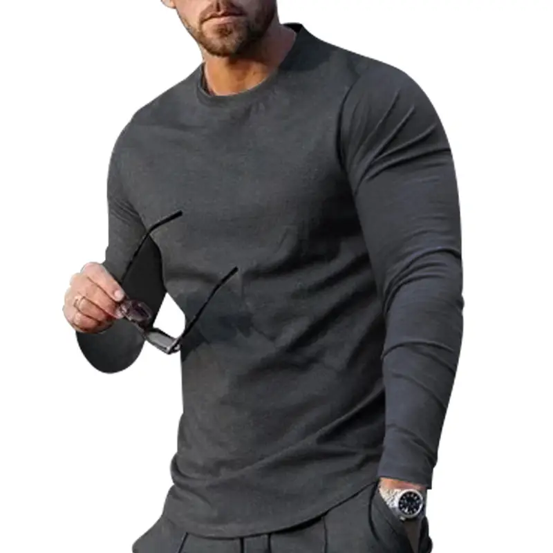 Men Long Sleeve Crewneck Solid Green T-Shirt - Image 13