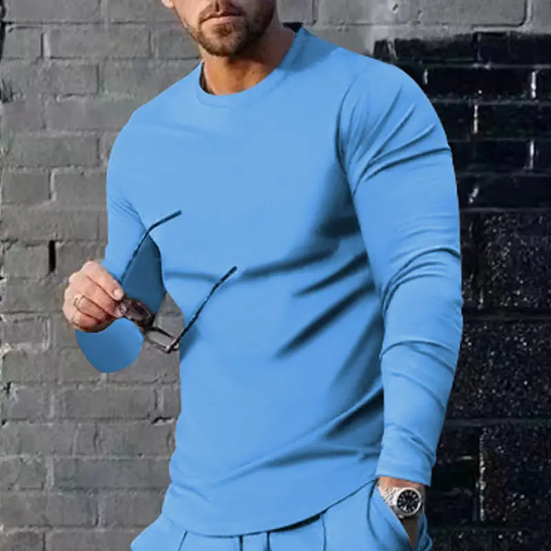 Men Long Sleeve Crewneck Solid Green T-Shirt - Image 4