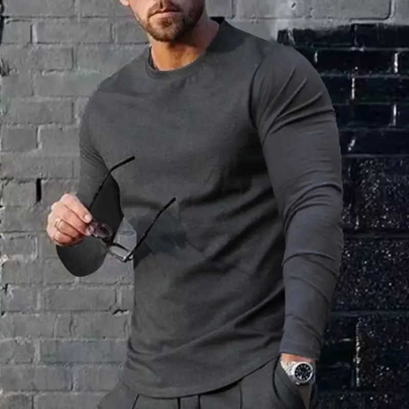 Men Long Sleeve Crewneck Solid Green T-Shirt - Image 5