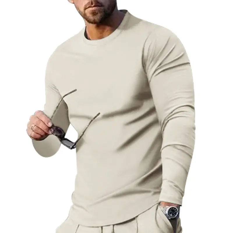 Men Long Sleeve Crewneck Solid Green T-Shirt - Image 6