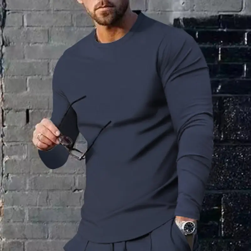 Men Long Sleeve Crewneck Solid Green T-Shirt - Image 8