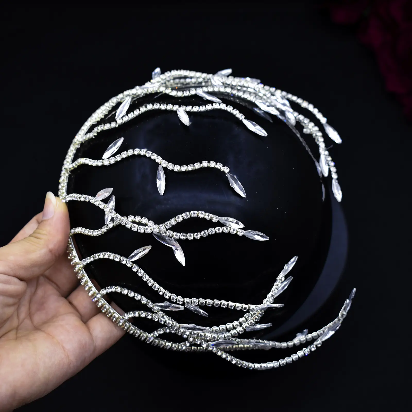 European Bridal Hairband with Rhinestone Curved Design - Image 5