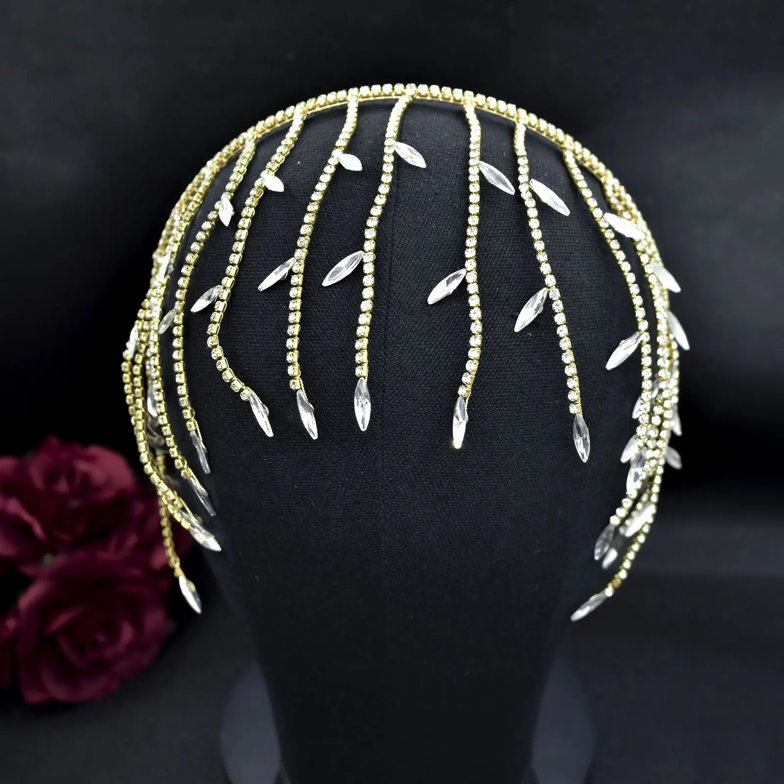European Bridal Hairband with Rhinestone Curved Design - Image 2