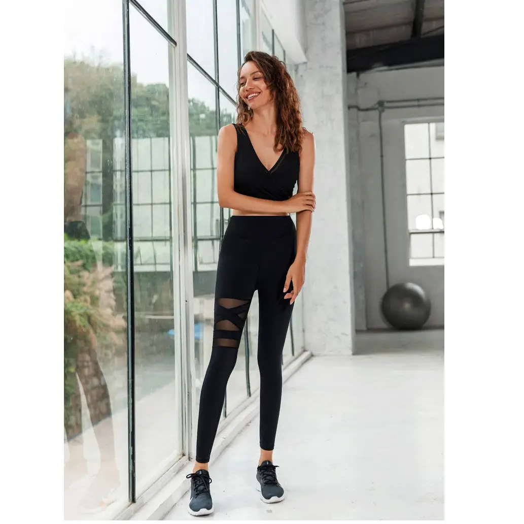 Women's Black High Waist Yoga Pants Mesh Tight Leggings Plus Size - Image 3