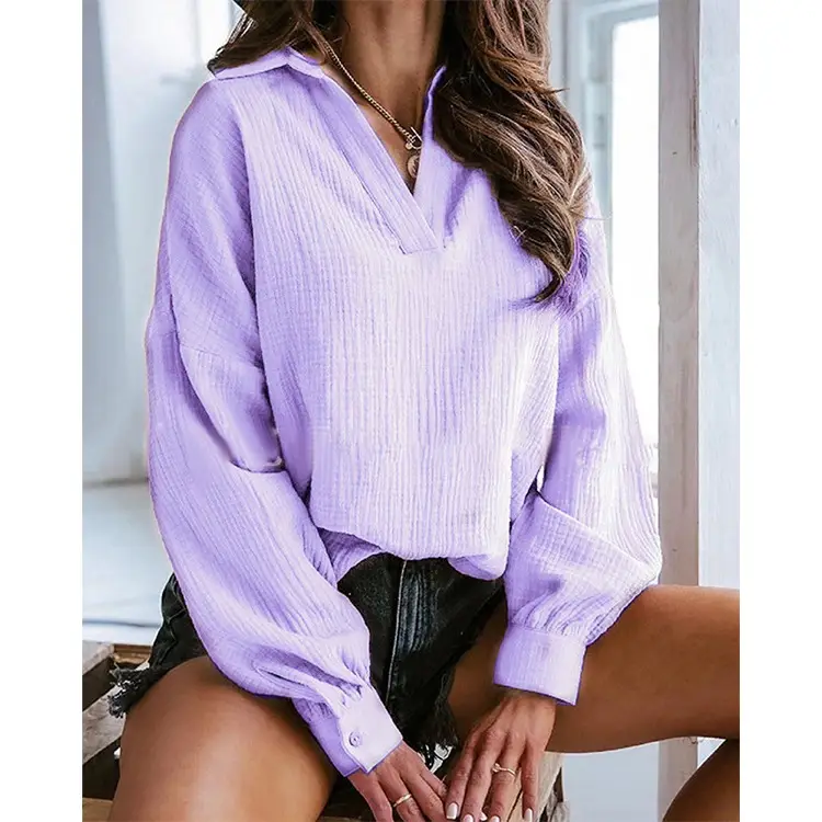 Purple Long-Sleeve Lapel Shirt Women's Top - Image 3