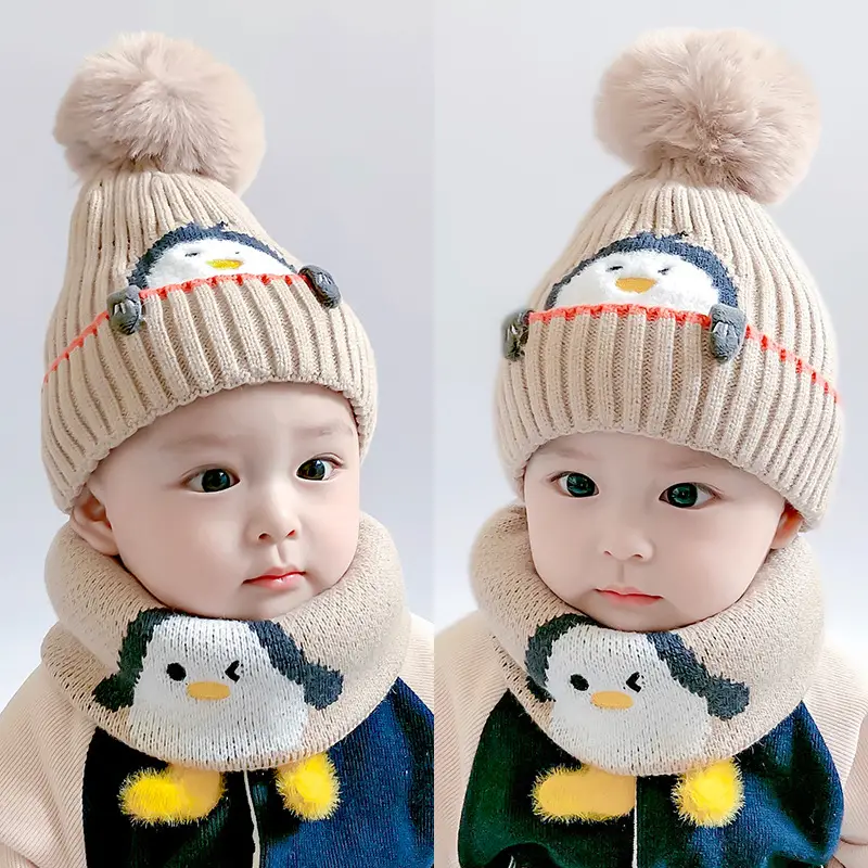 Cartoon Penguin Kidsren's Knitted Hat Winter New Kidsren's Hat Baby Warm Scarf Set Baby Woolen Hat