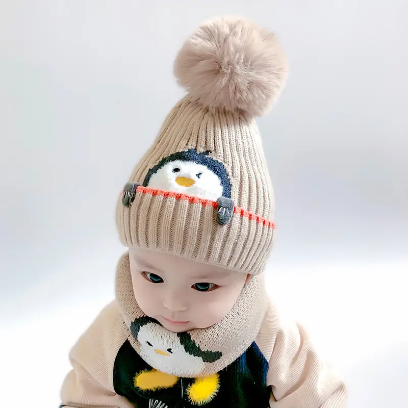 Cartoon Penguin Kidsren's Knitted Hat Winter New Kidsren's Hat Baby Warm Scarf Set Baby Woolen Hat