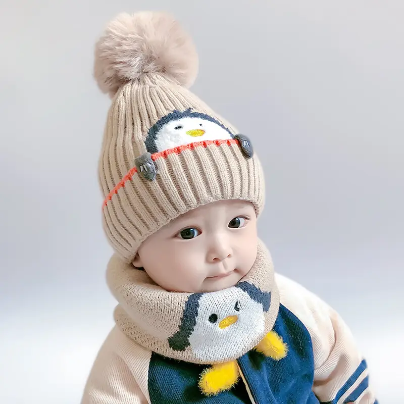 Cartoon Penguin Kidsren's Knitted Hat Winter New Kidsren's Hat Baby Warm Scarf Set Baby Woolen Hat