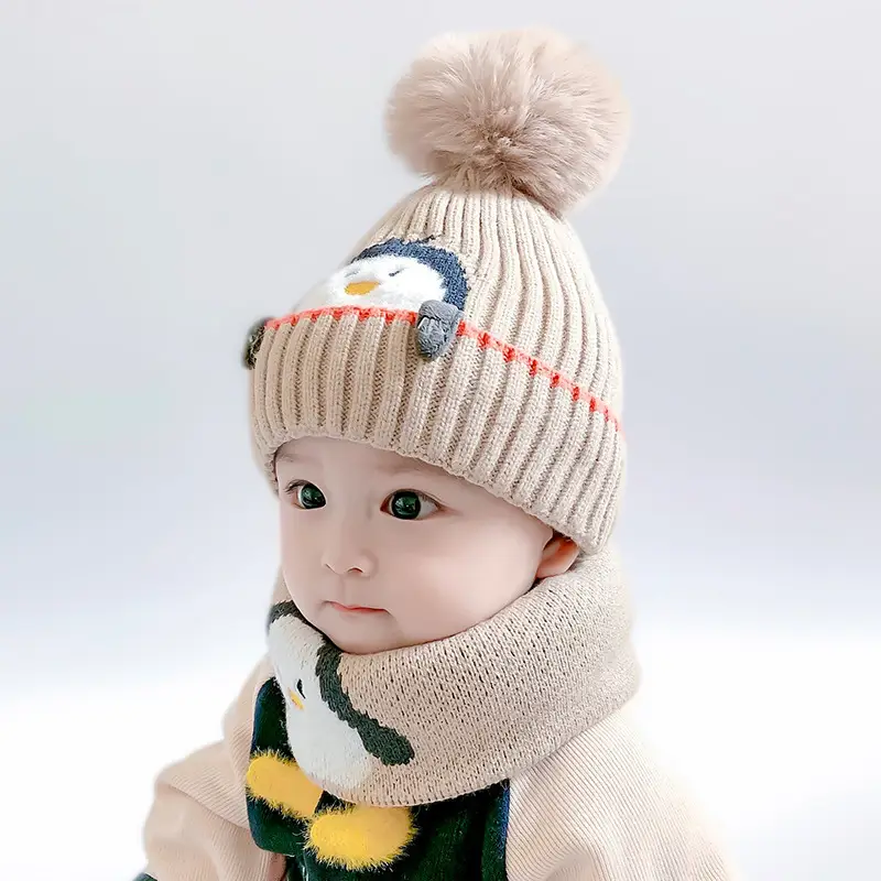 Cartoon Penguin Kidsren's Knitted Hat Winter New Kidsren's Hat Baby Warm Scarf Set Baby Woolen Hat