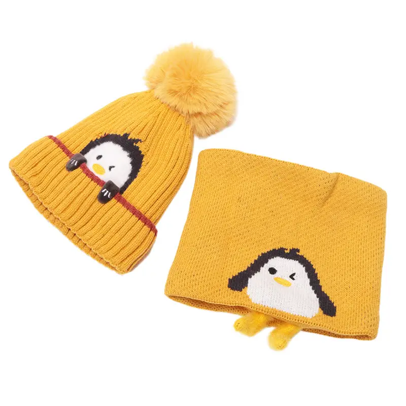 Cartoon Penguin Kidsren's Knitted Hat Winter New Kidsren's Hat Baby Warm Scarf Set Baby Woolen Hat