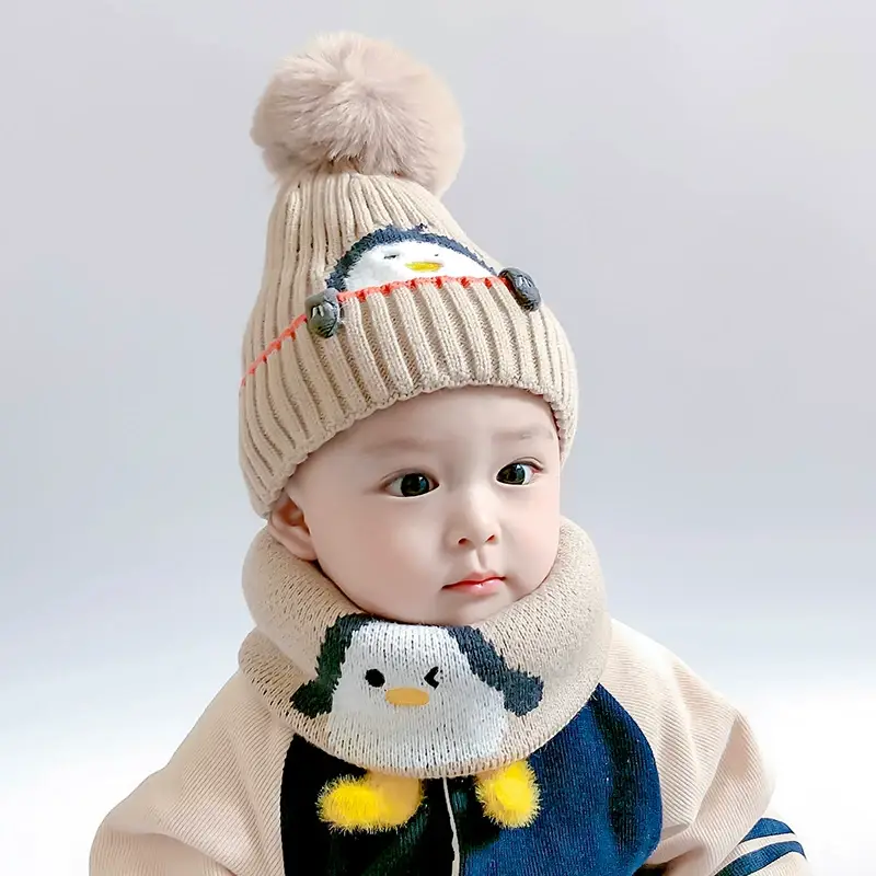 Cartoon Penguin Kidsren's Knitted Hat Winter New Kidsren's Hat Baby Warm Scarf Set Baby Woolen Hat — feature 1