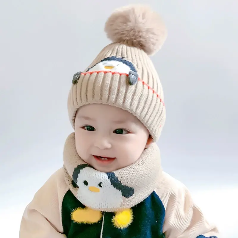 Cartoon Penguin Kidsren's Knitted Hat Winter New Kidsren's Hat Baby Warm Scarf Set Baby Woolen Hat — feature 2