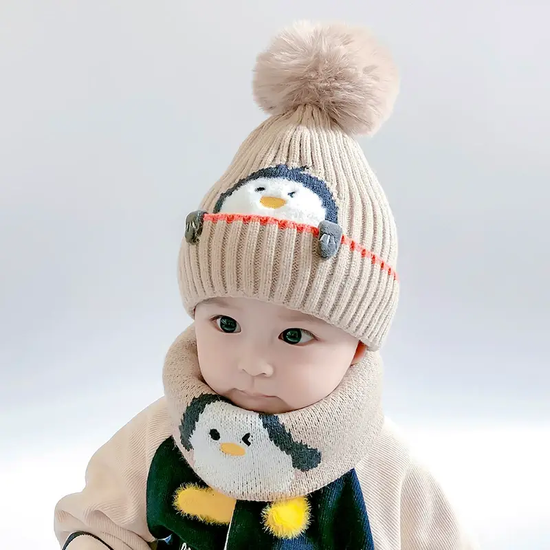 Cartoon Penguin Kidsren's Knitted Hat Winter New Kidsren's Hat Baby Warm Scarf Set Baby Woolen Hat — feature 3