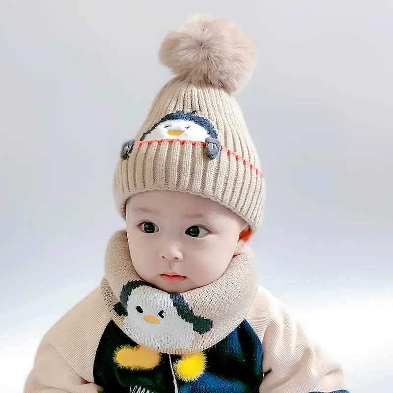 Cartoon Penguin Kidsren's Knitted Hat Winter New Kidsren's Hat Baby Warm Scarf Set Baby Woolen Hat — feature 4