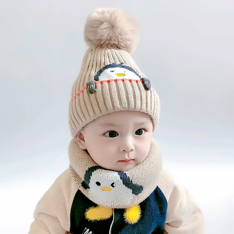 Cartoon Penguin Kidsren's Knitted Hat Winter New Kidsren's Hat Baby Warm Scarf Set Baby Woolen Hat — feature 7