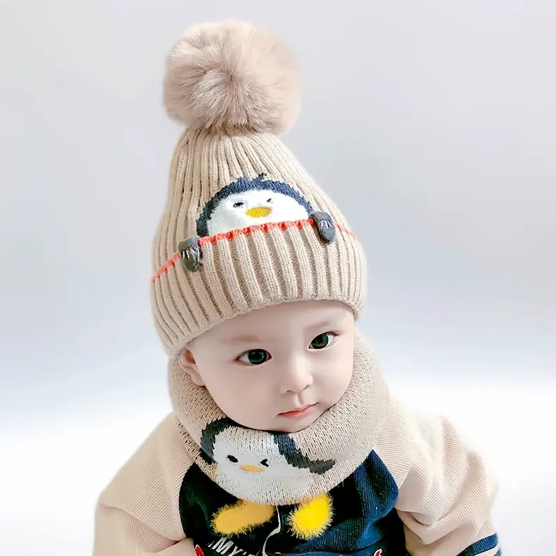 Cartoon Penguin Kidsren's Knitted Hat Winter New Kidsren's Hat Baby Warm Scarf Set Baby Woolen Hat — feature 9