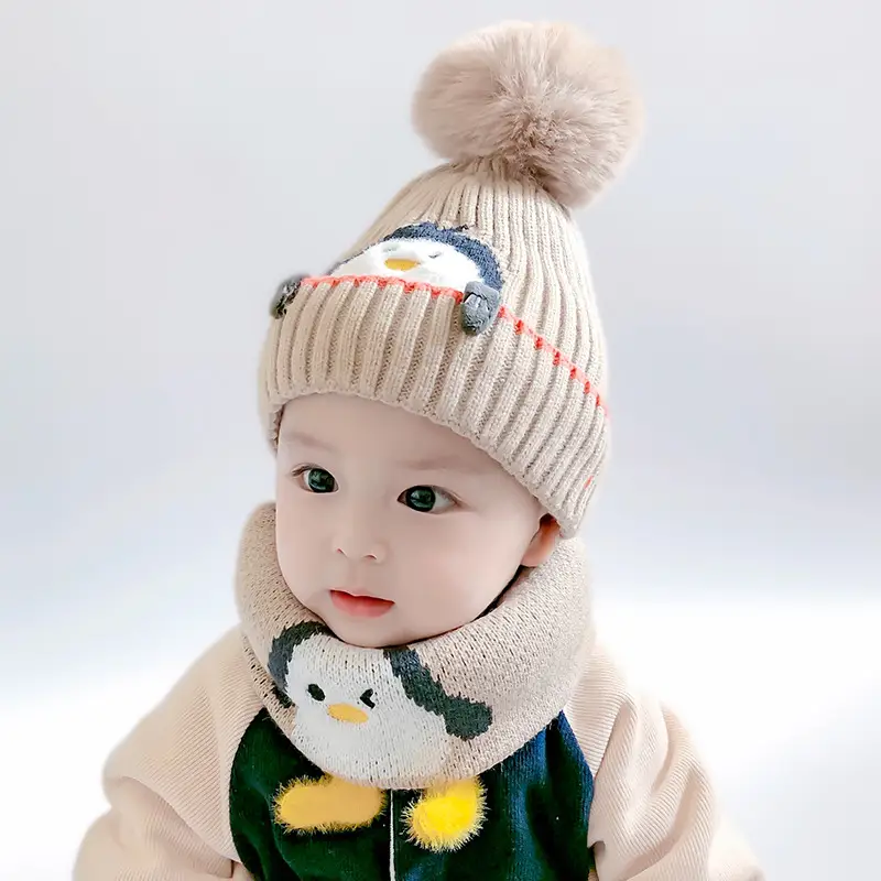 Cartoon Penguin Kidsren's Knitted Hat Winter New Kidsren's Hat Baby Warm Scarf Set Baby Woolen Hat
