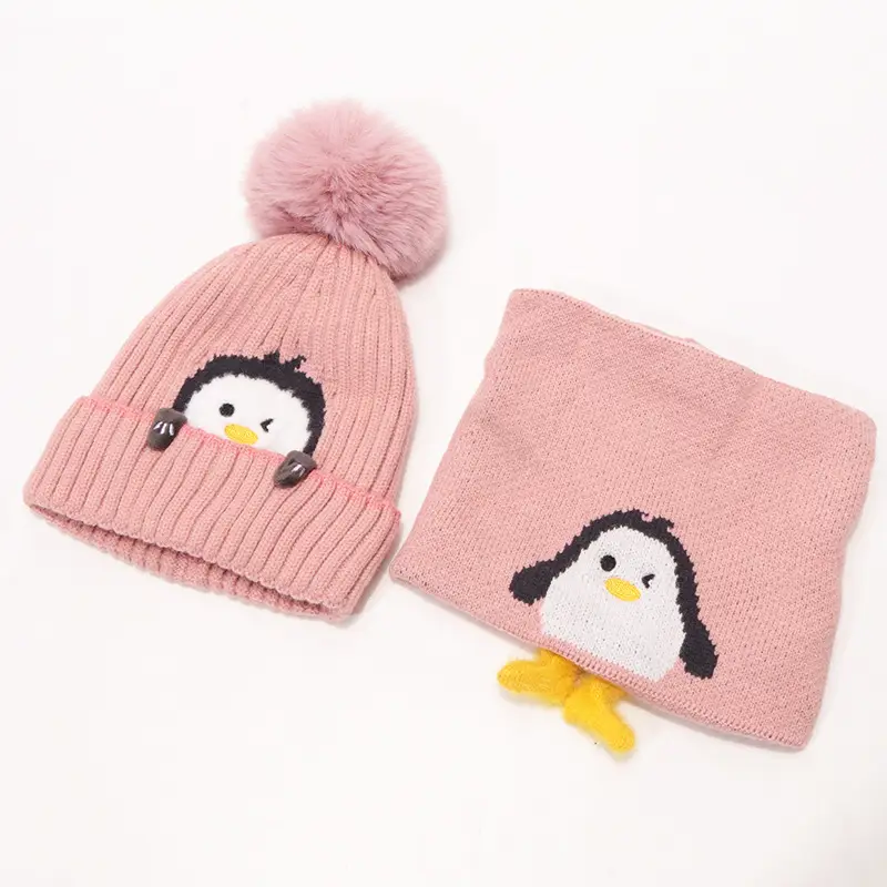 Cartoon Penguin Kidsren's Knitted Hat Winter New Kidsren's Hat Baby Warm Scarf Set Baby Woolen Hat