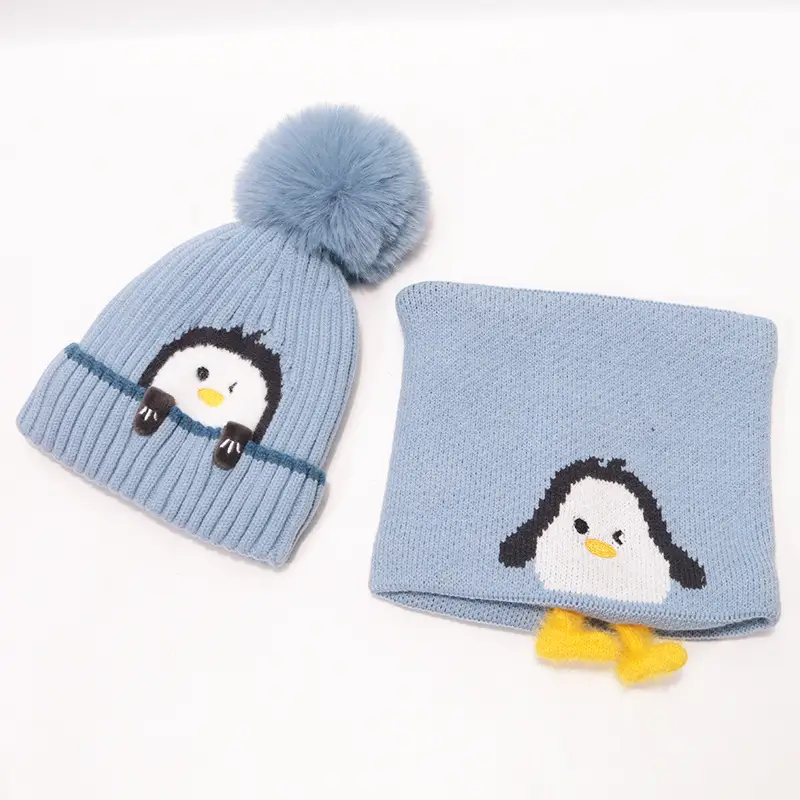 Cartoon Penguin Kidsren's Knitted Hat Winter New Kidsren's Hat Baby Warm Scarf Set Baby Woolen Hat
