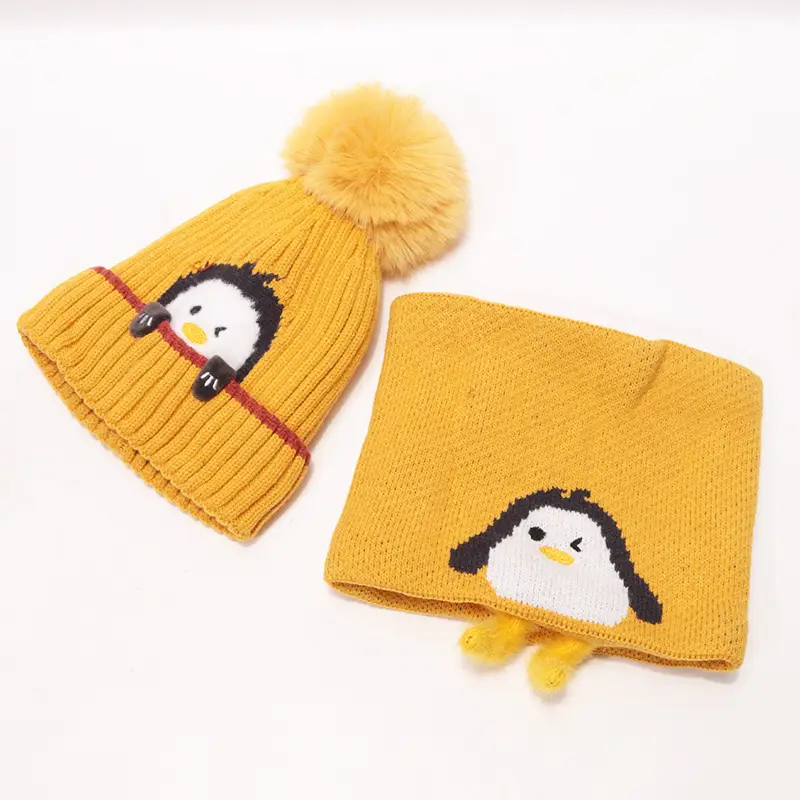 Cartoon Penguin Kidsren's Knitted Hat Winter New Kidsren's Hat Baby Warm Scarf Set Baby Woolen Hat